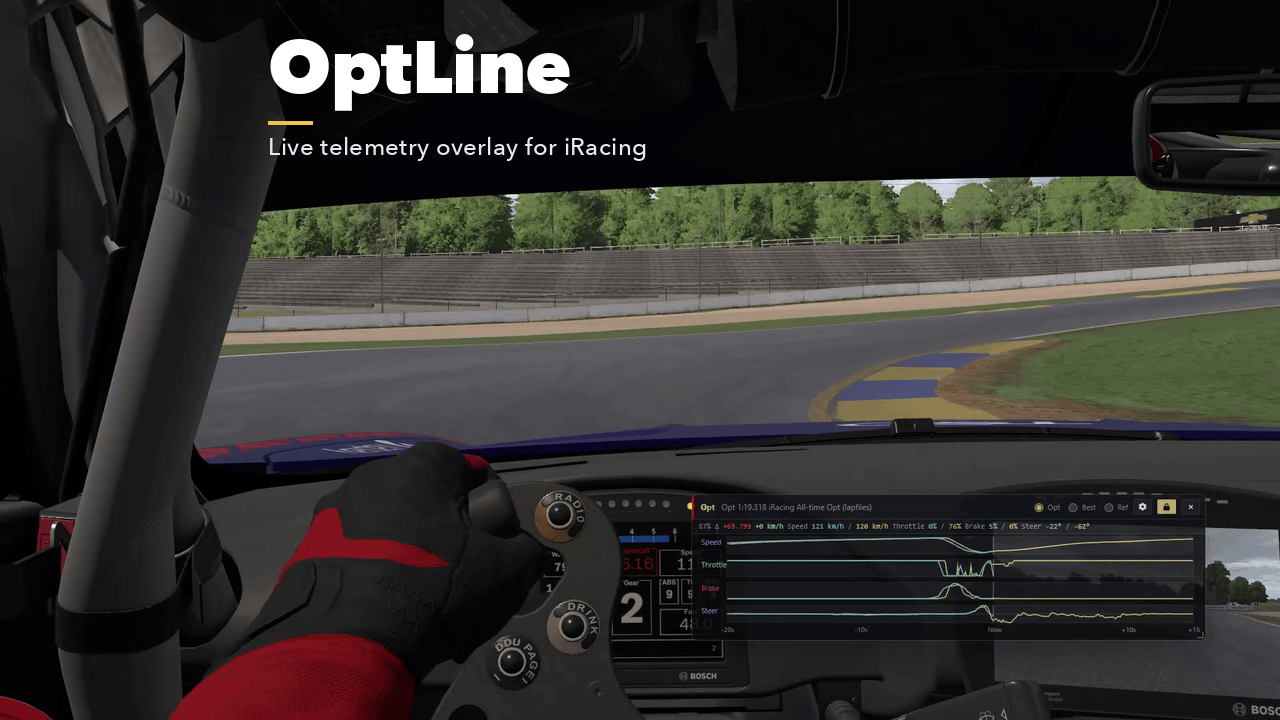 OptLine overlay on a Mercedes-AMG GT3 dashboard, showing Speed, Throttle, Brake, and Steer against All-time Opt.