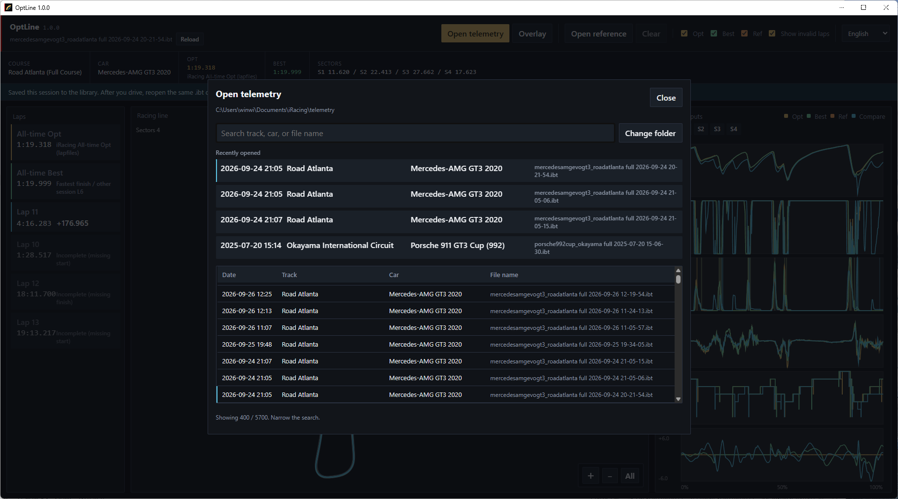 Open telemetry dialog listing .ibt files by date, track, car, and file name.